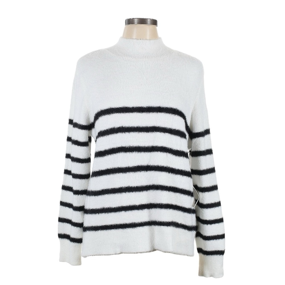 Bailey 44 Fuzzy Striped Mock Neck Sweater L White Black Soft Eyelash Knit NWT